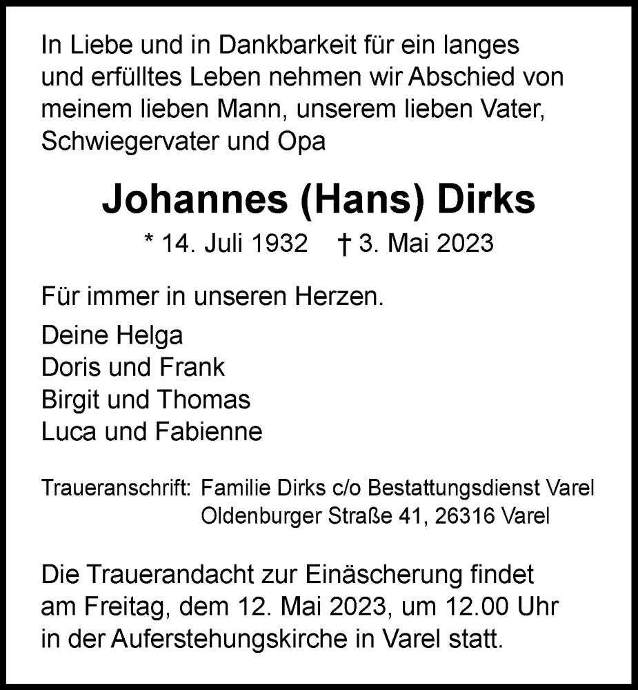 Traueranzeigen Von Johannes Dirks Nordwest Trauer De