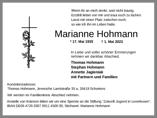 Traueranzeigen Von Marianne Hohmann Nordwest Trauer De