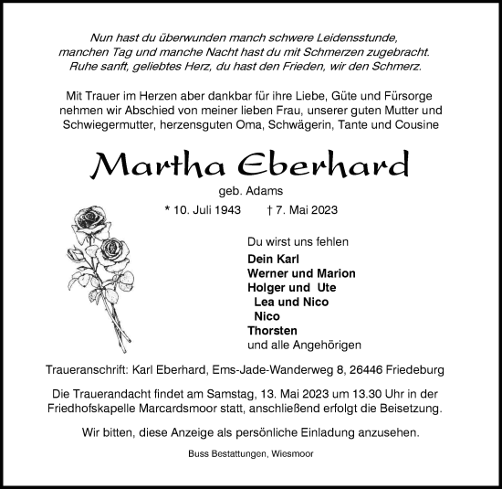 Traueranzeigen Von Martha Eberhard Nordwest Trauer De