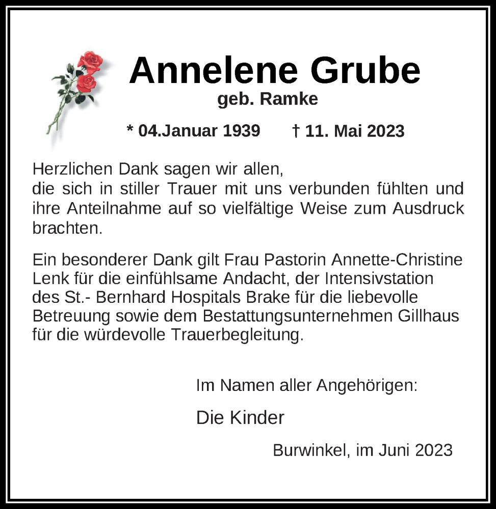 Traueranzeigen Von Annelene Grube Nordwest Trauer De