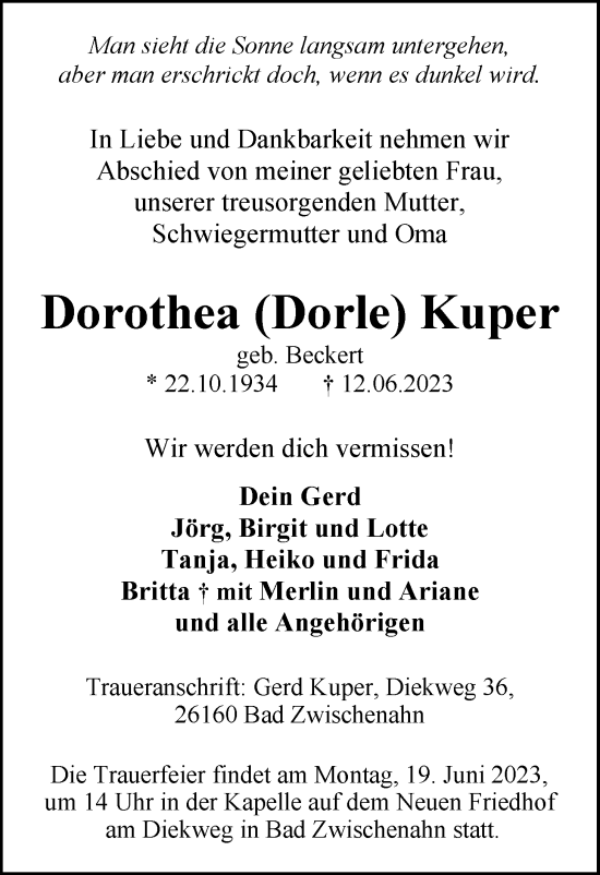 Traueranzeigen Von Dorothea Kuper Nordwest Trauer De