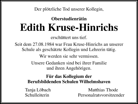 Traueranzeige von Edith Kruse-Hinrichs von WZ/JW/AH
