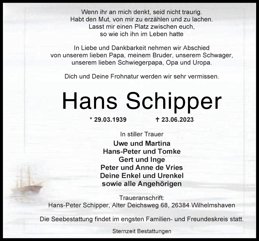 Traueranzeigen Von Hans Schipper Nordwest Trauer De