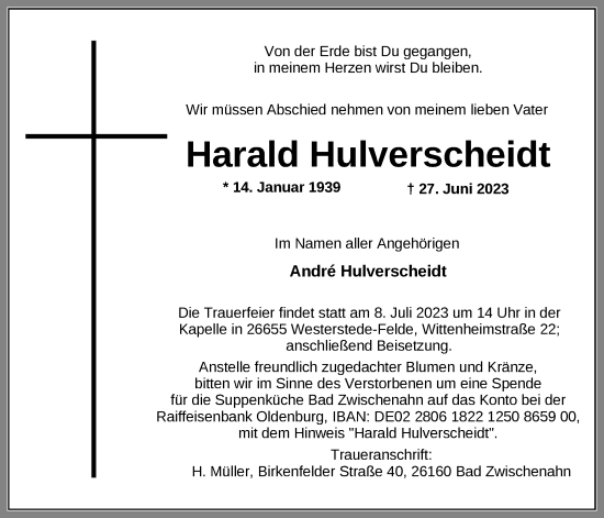 Traueranzeigen Von Harald Hulverscheidt Nordwest Trauer De