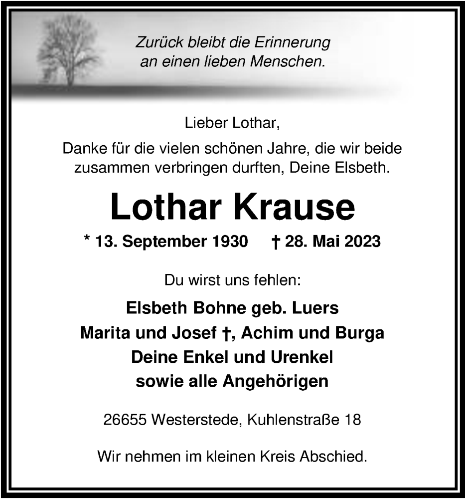 Traueranzeigen Von Lothar Krause Nordwest Trauer De