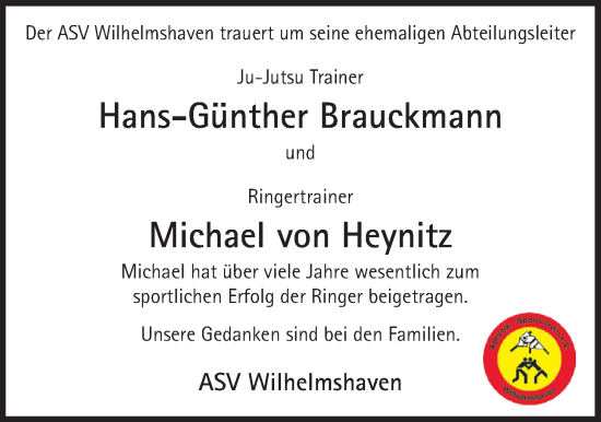 Traueranzeige von Michael von Heynitz und Hans-Günther Brauckmann  von WZ/JW/AH