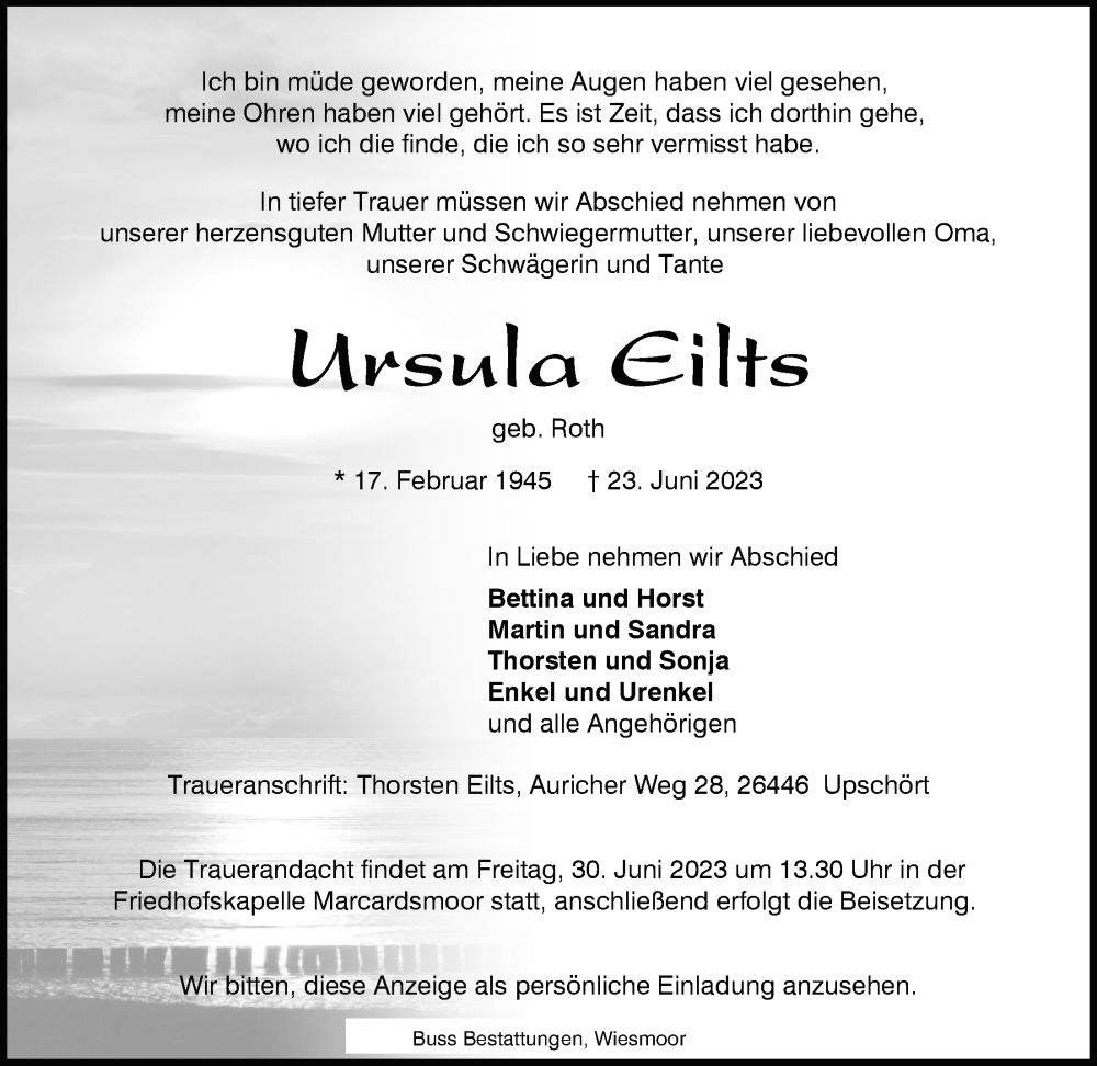 Traueranzeigen Von Ursula Eilts Nordwest Trauer De