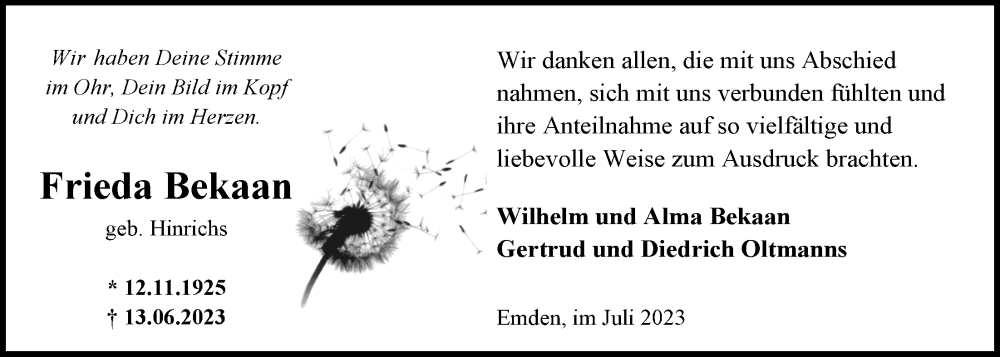 Traueranzeigen Von Frieda Bekaan Nordwest Trauer De