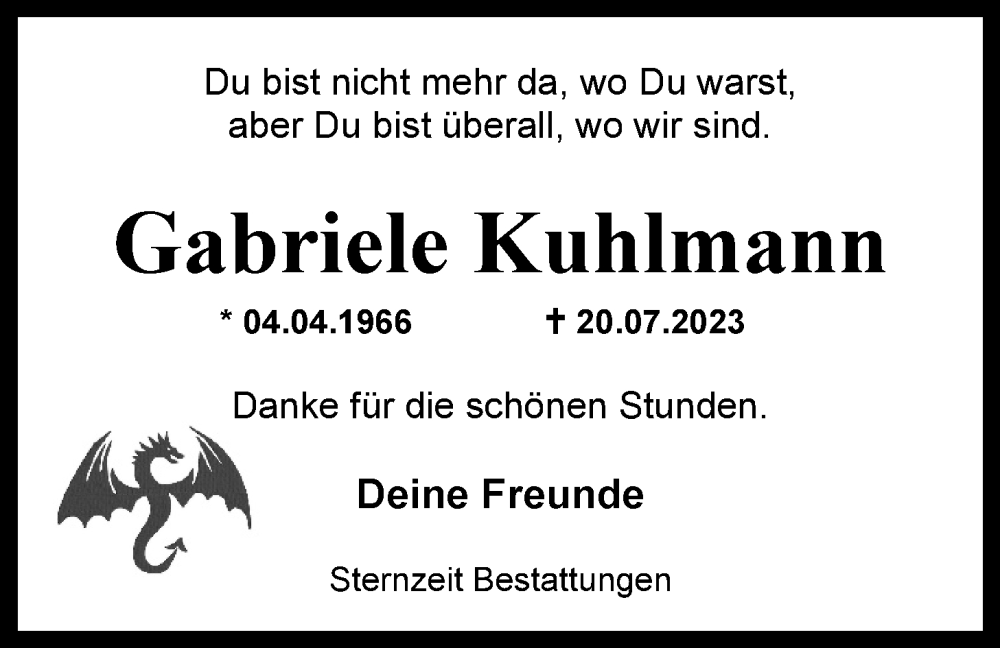 Traueranzeigen Von Gabriele Kuhlmann Nordwest Trauer De