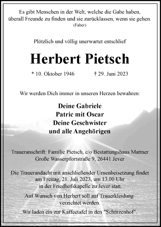 Traueranzeigen Von Herbert Pietsch Nordwest Trauer De