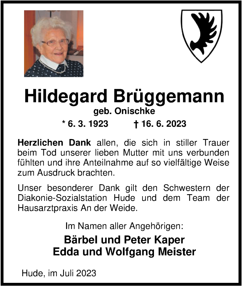 Traueranzeigen Von Hildegard Br Ggemann Nordwest Trauer De