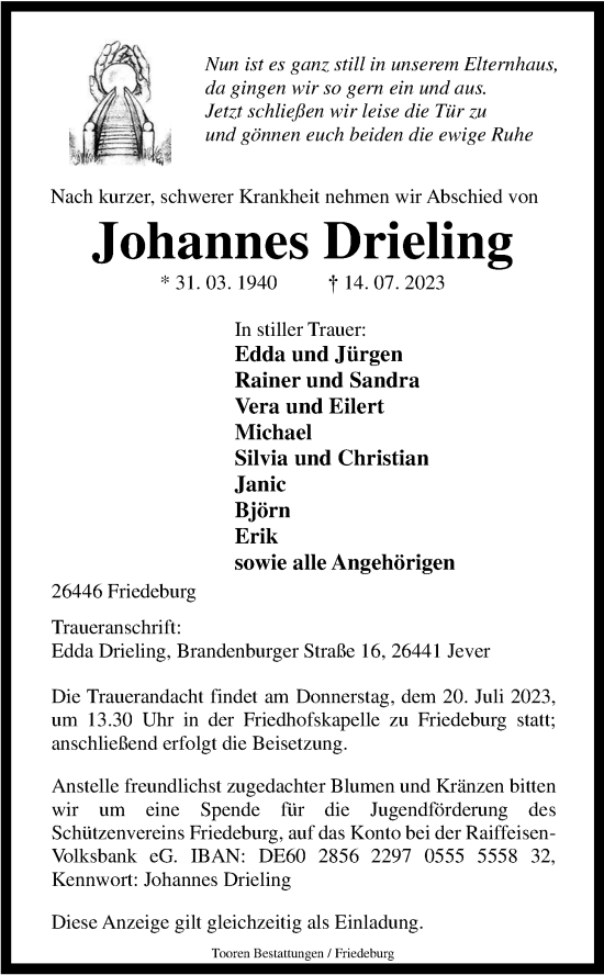 Traueranzeigen Von Johannes Drieling Nordwest Trauer De