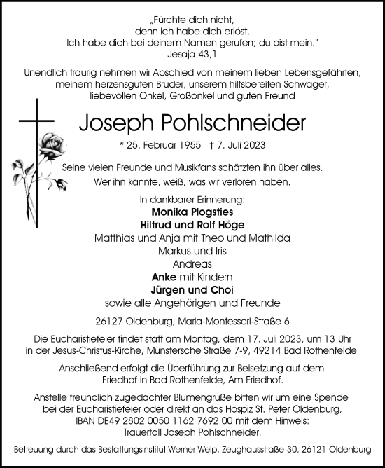 Traueranzeigen Von Joseph Pohlschneider Nordwest Trauer De