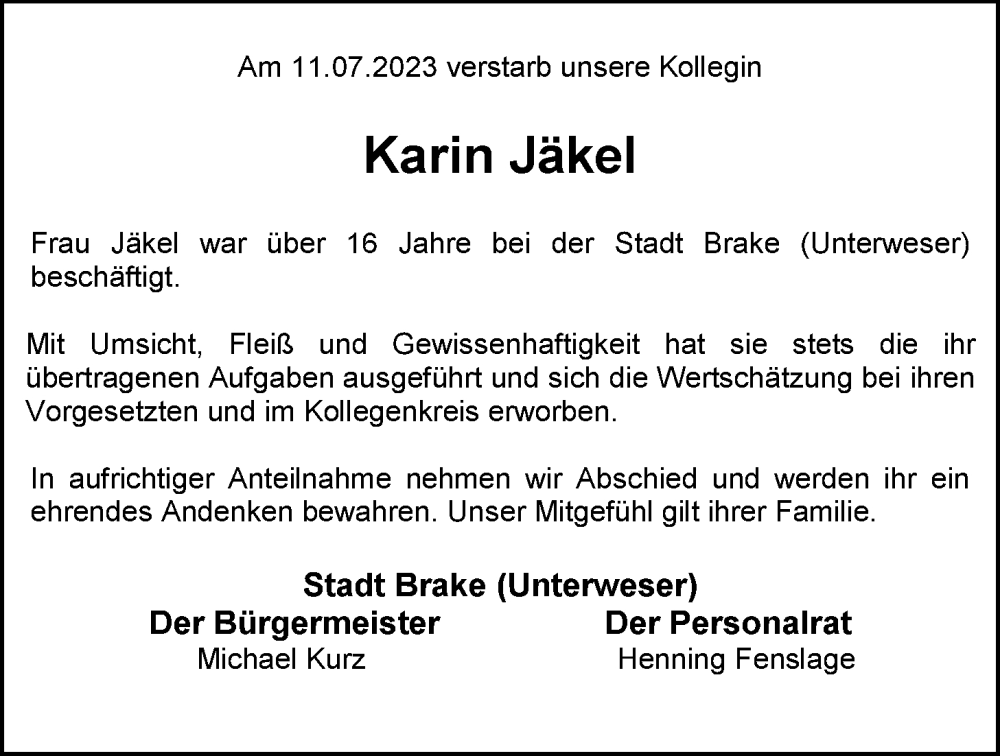 Traueranzeigen von Karin Lina Jäkel nordwest trauer de