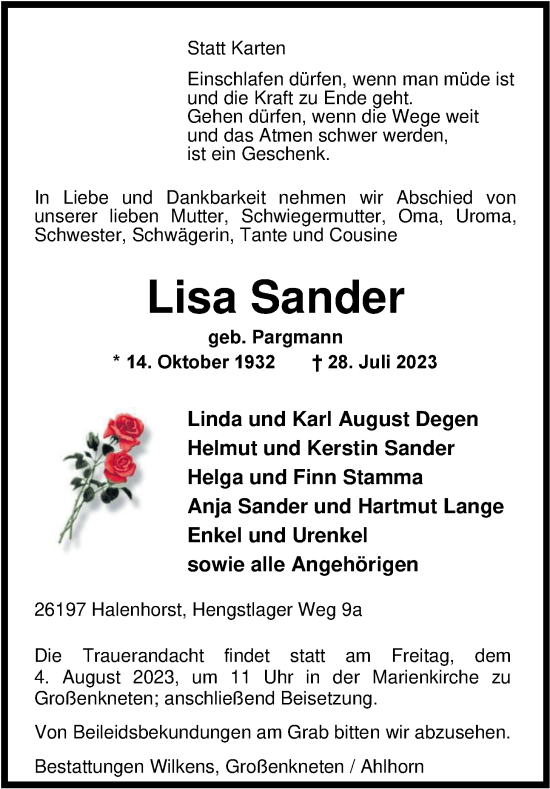 Traueranzeigen Von Lisa Sander Nordwest Trauer De