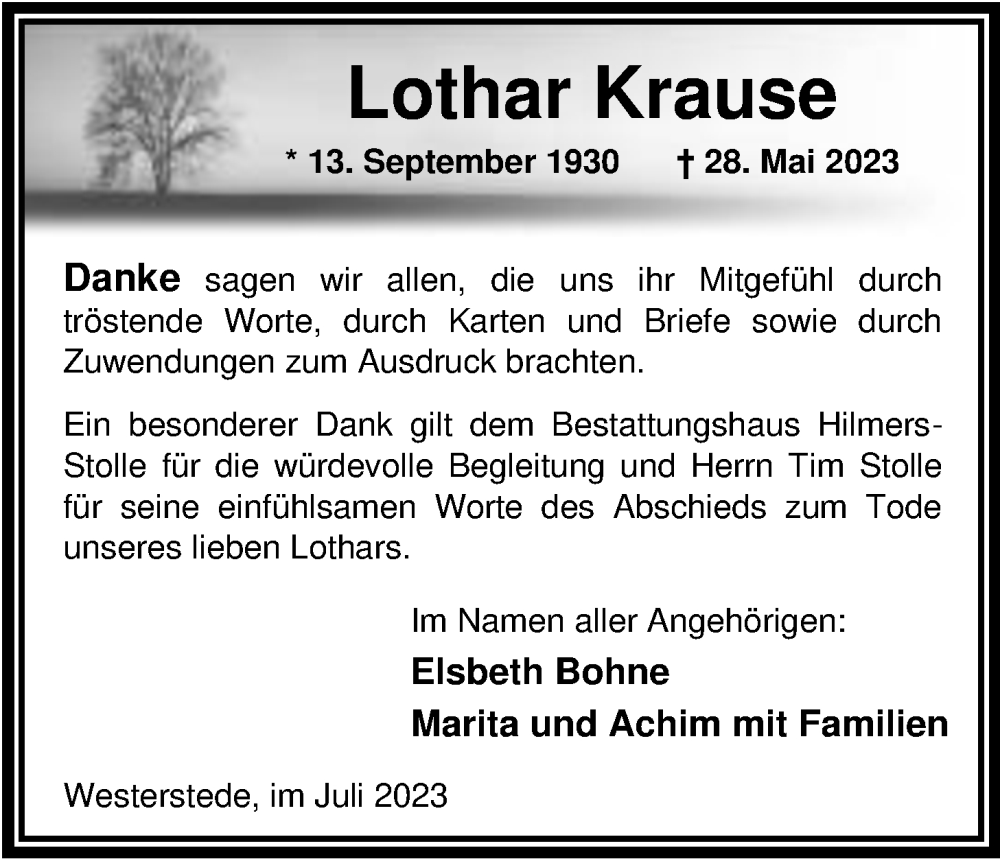 Traueranzeigen Von Lothar Krause Nordwest Trauer De