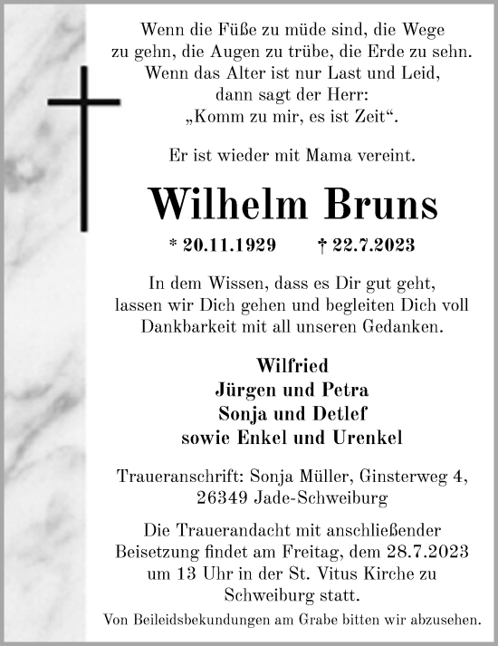 Traueranzeigen Von Wilhelm Bruns Nordwest Trauer De