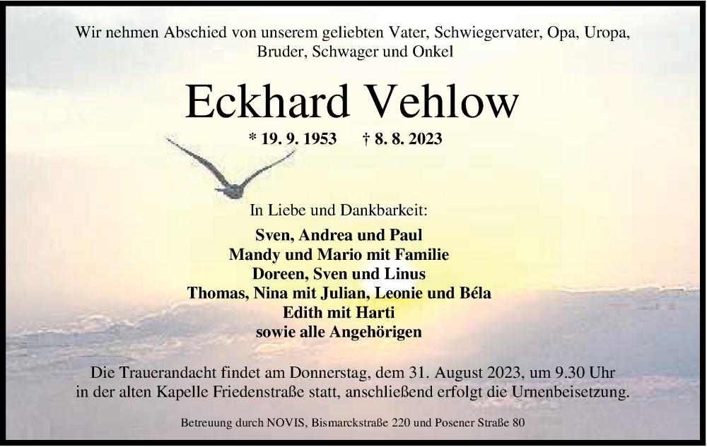 Traueranzeigen Von Eckhard Vehlow Nordwest Trauer De