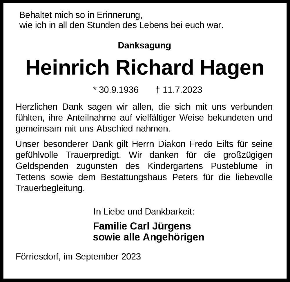 Traueranzeigen Von Heinrich Richard Hagen Nordwest Trauer De