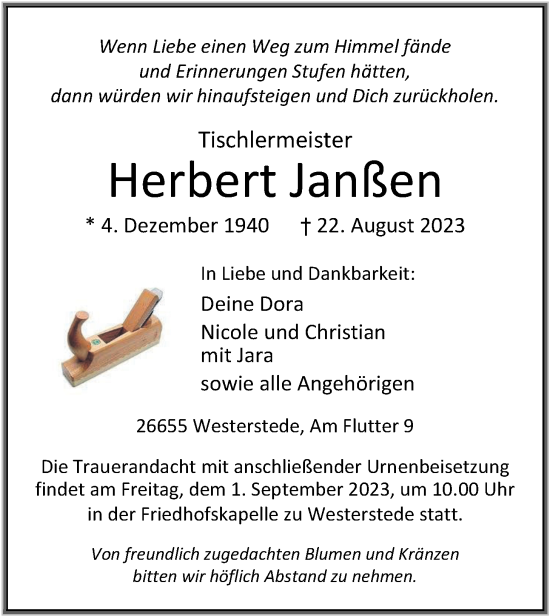 Traueranzeigen Von Herbert Jan En Nordwest Trauer De