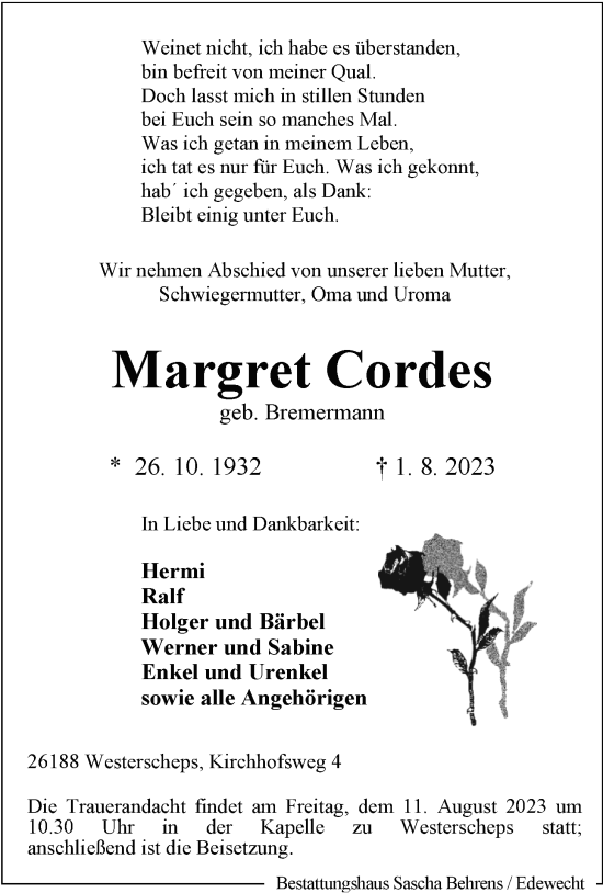 Traueranzeigen Von Margret Cordes Nordwest Trauer De