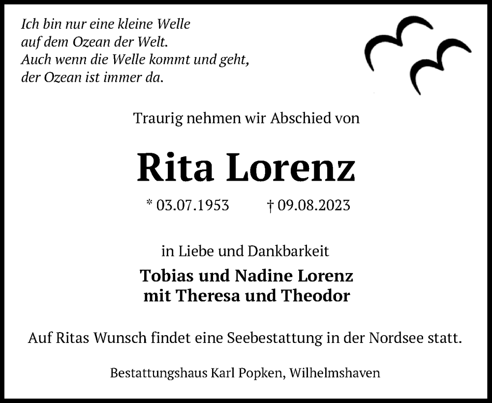 Traueranzeigen Von Rita Lorenz Nordwest Trauer De