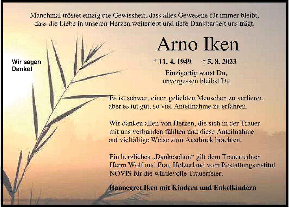 Traueranzeigen Von Arno Iken Nordwest Trauer De