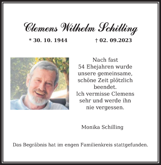 Traueranzeigen Von Clemens Wilhelm Schilling Nordwest Trauer De