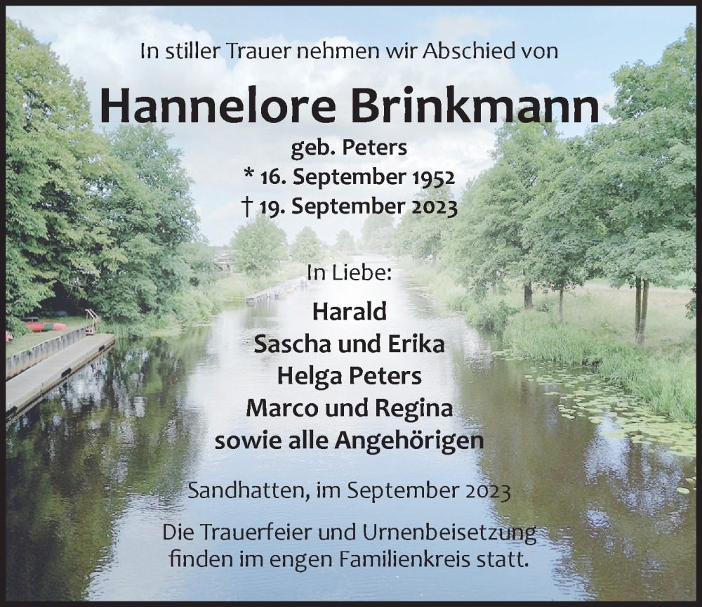 Traueranzeigen Von Hannelore Brinkmann Nordwest Trauer De