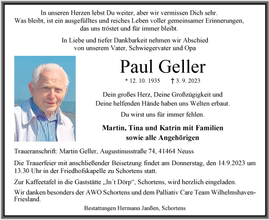 Traueranzeigen Von Paul Geller Nordwest Trauer De