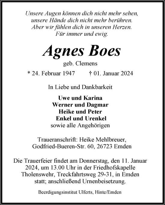 Traueranzeigen Von Agnes Boes Nordwest Trauer De