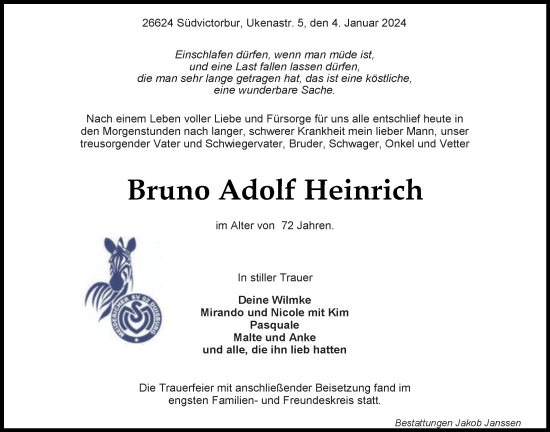 Traueranzeige von Bruno Adolf Heinrich von Nordwest-Zeitung