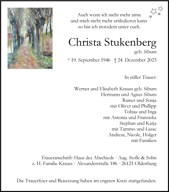 Traueranzeige von Christa Stukenberg von Nordwest-Zeitung