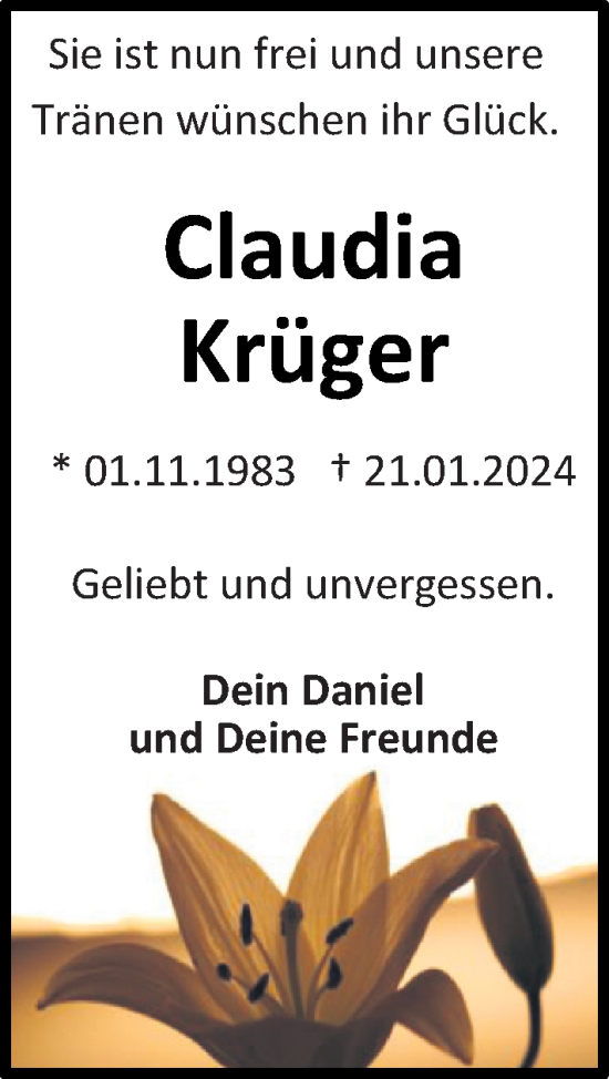 Traueranzeigen von Claudia Krüger nordwest trauer de