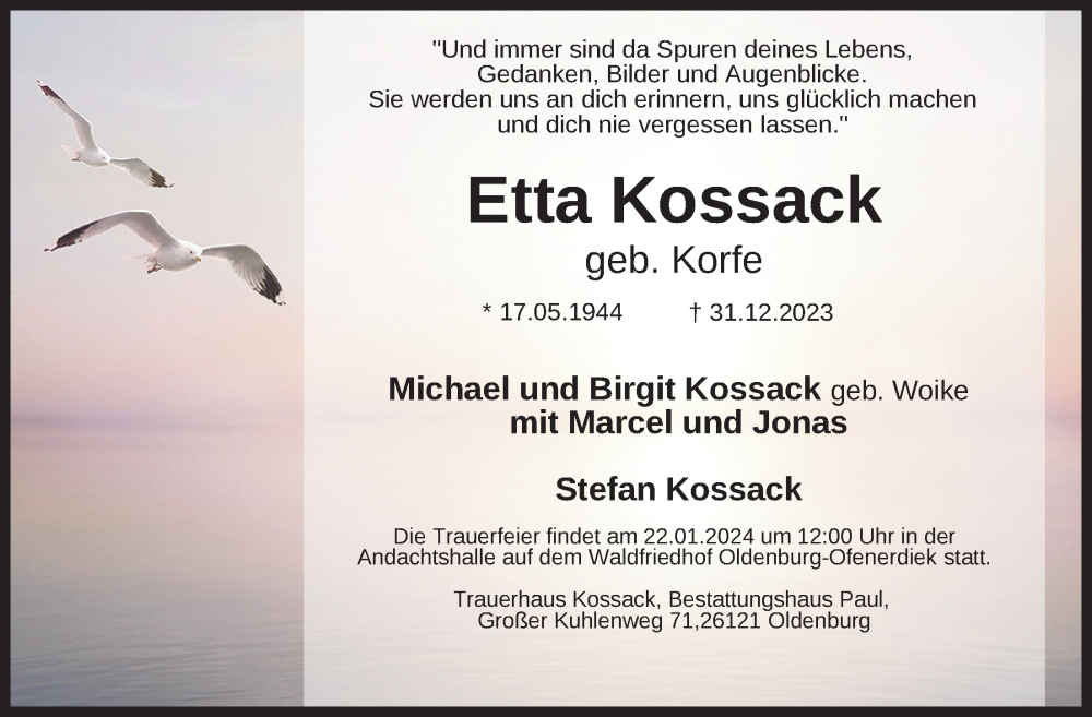 Traueranzeigen Von Etta Kossack Nordwest Trauer De