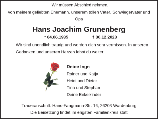 Traueranzeigen Von Hans Joachim Grunenberg Nordwest Trauer De