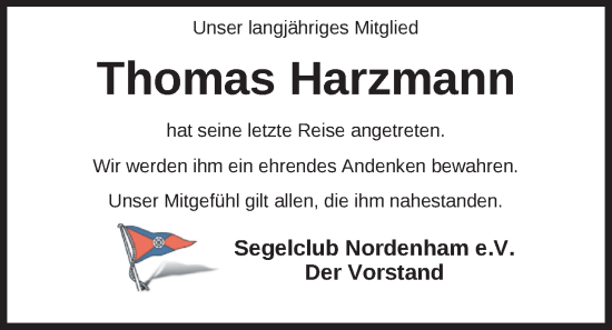 Traueranzeige von Thomas Harzmann von Nordwest-Zeitung