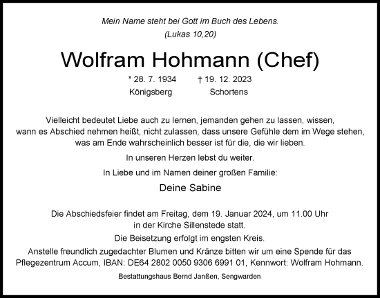 Traueranzeigen Von Wolfram Hohmann Nordwest Trauer De