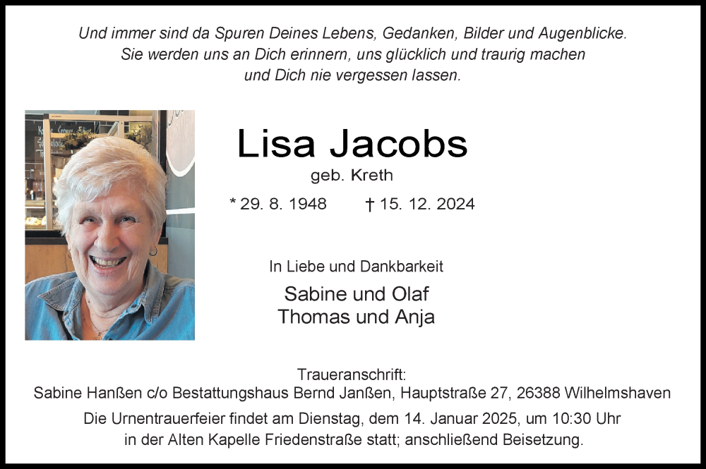 Traueranzeigen Von Lisa Jacobs Nordwest Trauer De