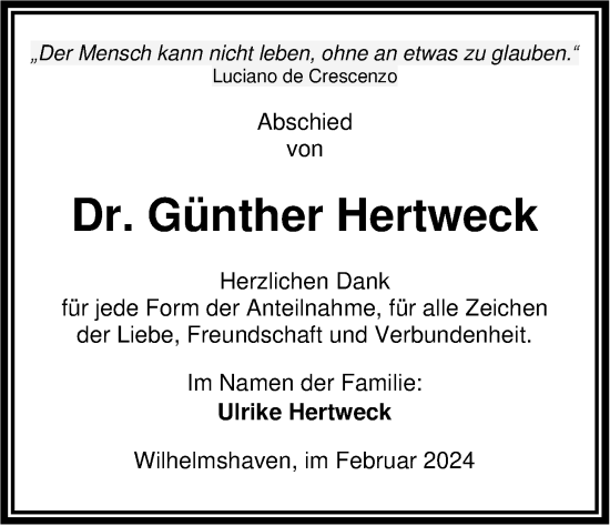 Traueranzeige von Günther Hertweck von WZ/JW/AH