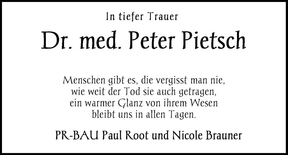 Traueranzeigen Von Peter Pietsch Nordwest Trauer De