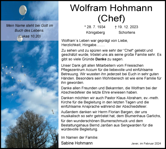 Traueranzeigen Von Wolfram Hohmann Nordwest Trauer De