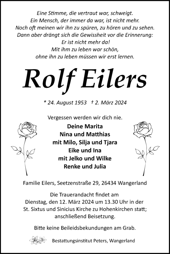 Traueranzeigen Von Rolf Eilers Nordwest Trauer De