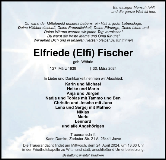 Traueranzeigen Von Elfriede Fischer Nordwest Trauer De