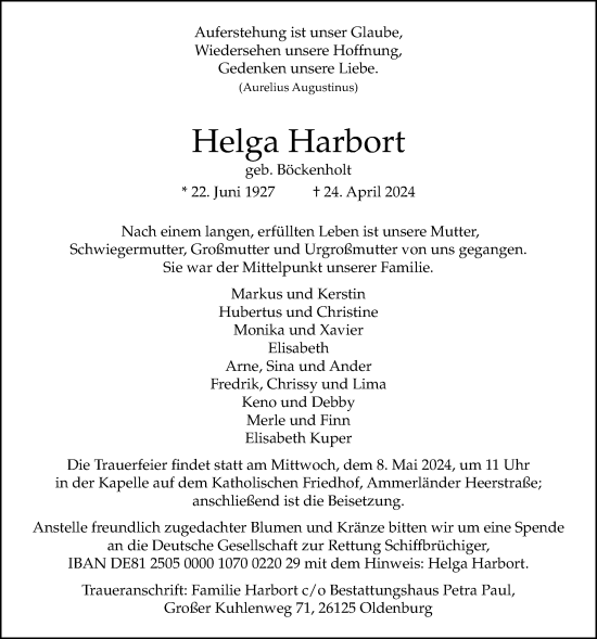Traueranzeige von Helga Harbort von Nordwest-Zeitung