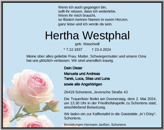 Traueranzeige von Hertha Westphal von WZ/JW/AH