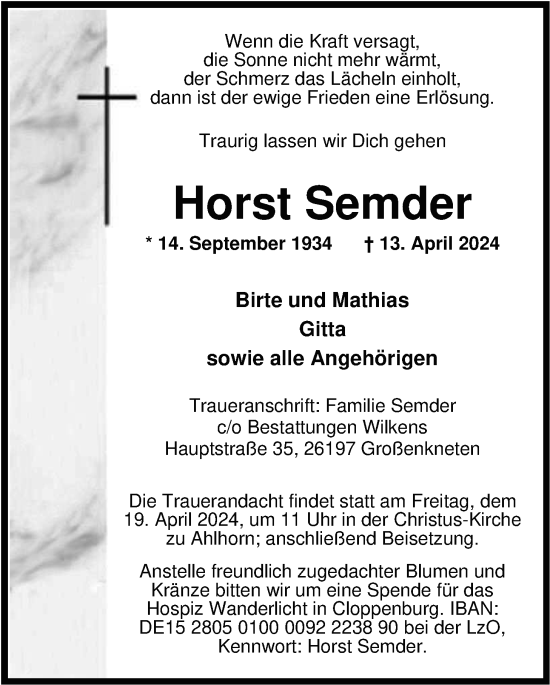 Traueranzeige von Horst Semder von Nordwest-Zeitung