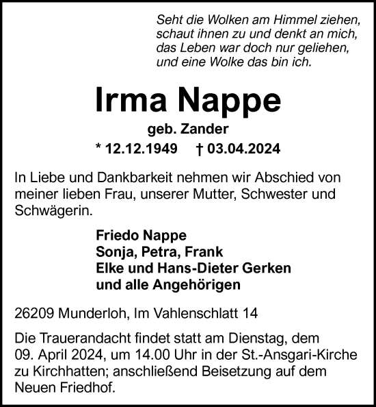 Traueranzeigen Von Irma Nappe Nordwest Trauer De