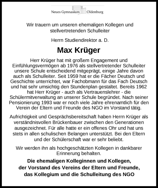 Traueranzeige von Max Krüger von Nordwest-Zeitung