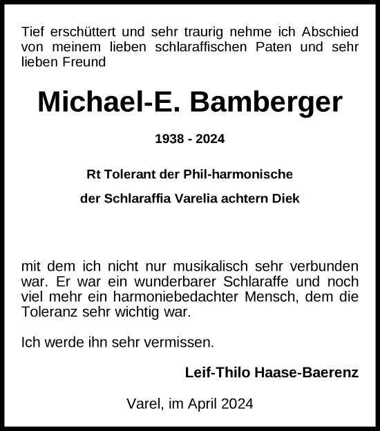 Traueranzeige von Michael-E. Bamberger von Nordwest-Zeitung